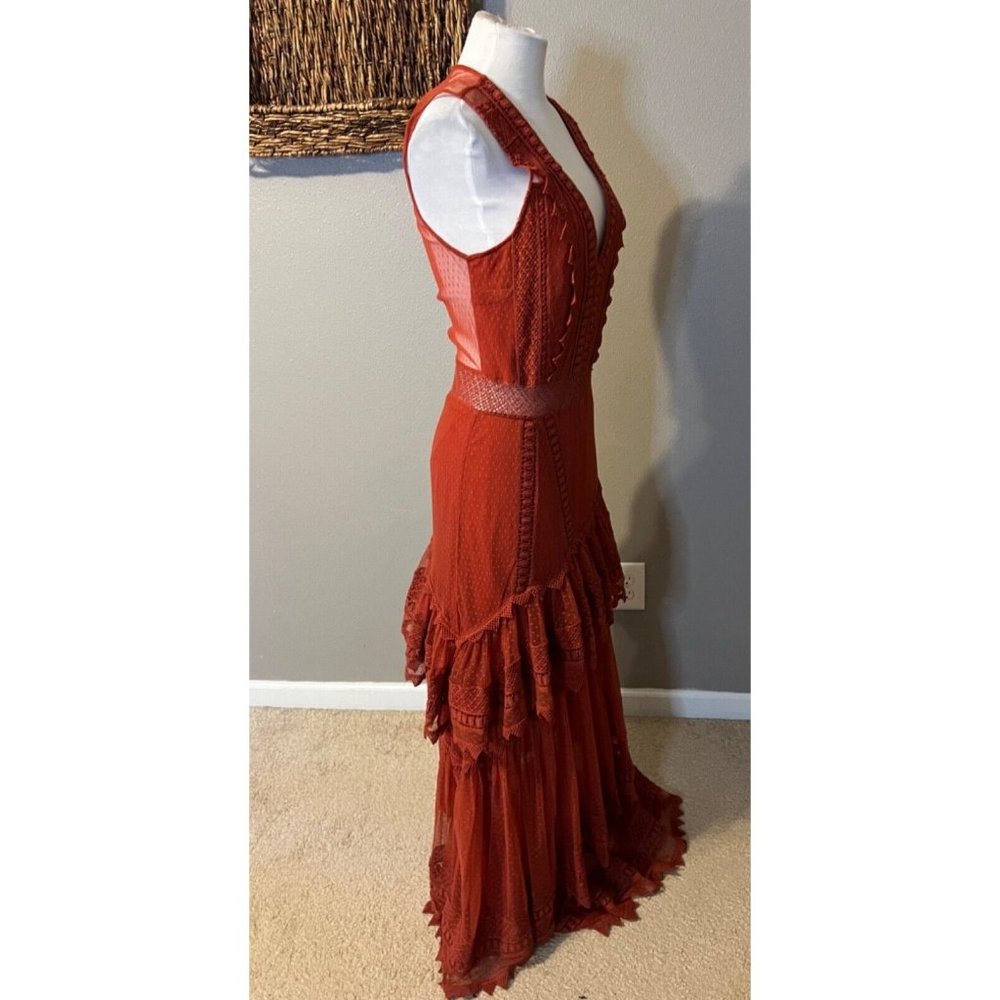 House of Harlow Sheer Tiered Maxi Dress M Medium Burnt Orange Festival - Picture 6 of 15